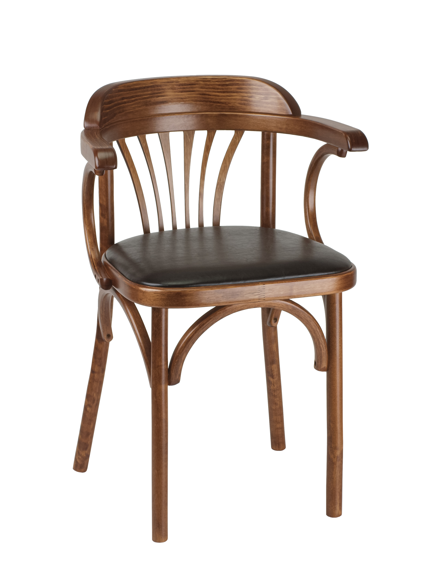 Деревянный стул Венский средний тон с мягким сиденьем из коричневой экокожи с дугами назад