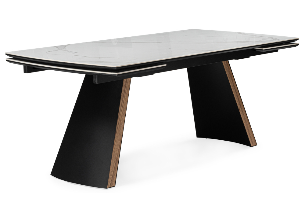 Керамический стол Симмонс 180(260)x90 statuario titan gloss, черный, орех дуб монтана