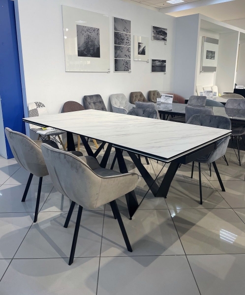 Стол RIETI 200 KL-99 белый мрамор матовый, итальянская керамика, черный каркас