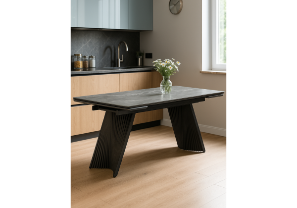 Керамический стол Вейв 140(200)х80 серый мрамор larka grey, черный