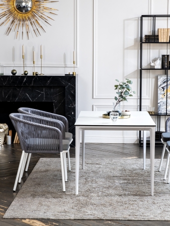 "Малага" обеденная группа на 4 персоны со стульями "Марсель", каркас белый, роуп светло-серый