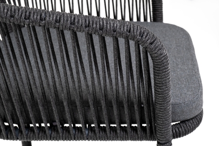 "Марсель" стул барный плетеный из роупа, каркас из стали серый (RAL7022) муар, роуп темно-серый круглый, ткань темно-серая 027