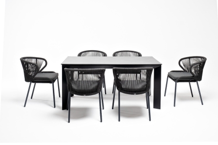 "Венето" обеденная группа на 6 персон со стульями "Милан", каркас темно-серый, роуп темно-серый