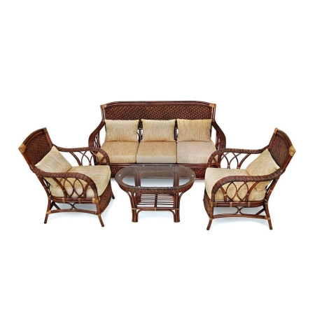 Комплект для отдыха "ANDREA" (диван + 2 кресла + журн. столик со стеклом + подушки)Pecan Washed (античн. орех), Ткань рубчик, цвет кремовый