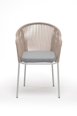 "Лион" стул плетеный из роупа, каркас из стали светло-серый (RAL7035) муар, роуп бежевый круглый, ткань светло-серая