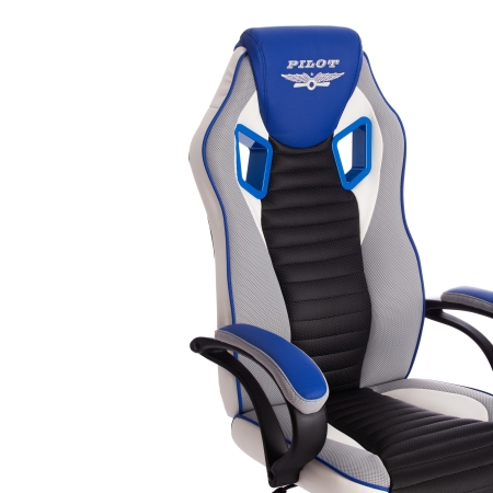 Кресло PILOT экокожа и ткань, черный перфорированный и св.серый и синий