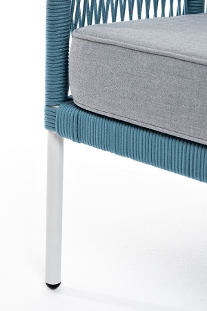 "Канны" диван 2-местный плетеный из роупа, каркас алюминий светло-серый (RAL7035) муар, роуп бирюзовый круглый, ткань светло-серая