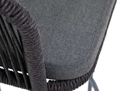 "Марсель" стул барный плетеный из роупа, каркас из стали серый (RAL7022) муар, роуп темно-серый круглый, ткань темно-серая 027