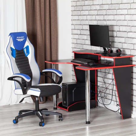 Кресло PILOT экокожа и ткань, черный перфорированный и св.серый и синий