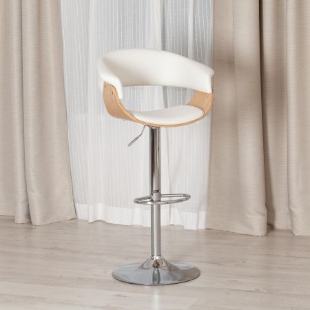 Барный стул VIMTA (mod.4021S) металл, дерево, экокожа, 60х51х91,5-112,5 см, высота сиденья 61,5-82,5 см, белый, натуральный, хром фото в интернет-магазине Stoolmarket