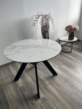 Стол БОНЖУР 100 белый мрамор, черная шагрень, стекло, черный каркас