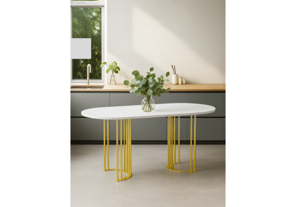 Стол деревянный Хьюго О 160 х 90 белая шагрень пленка, золотые ноги