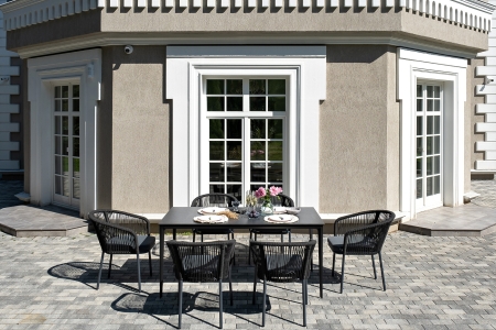 "Малага" обеденная группа на 6 персон со стульями "Марсель", каркас темно-серый, роуп темно-серый