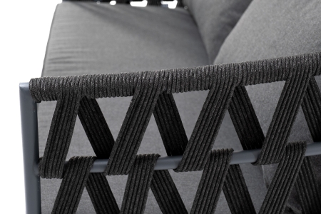 "Диего" диван 2-местный плетеный из роупа, каркас алюминий темно-серый (RAL7024) муар, роуп темно-серый круглый, ткань темно-серая 027