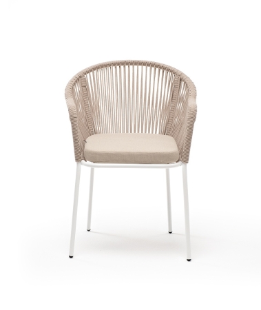 "Лион" стул плетеный из роупа, каркас из стали белый муар, роуп бежевый круглый, ткань бежевая