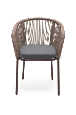 "Марсель" стул плетеный из роупа, каркас алюминий коричневый (RAL8016) муар, роуп коричневый круглый, ткань темно-серая 027