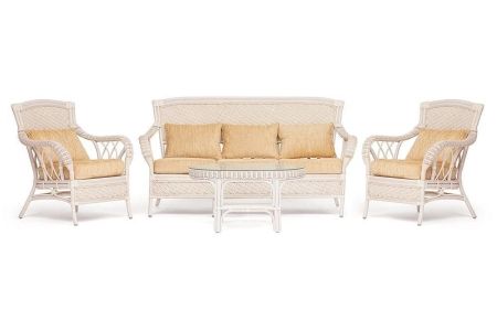 Комплект для отдыха "ANDREA" (диван + 2 кресла + журн. столик со стеклом + подушки)TCH White (белый), Ткань рубчик, цвет кремовый