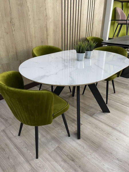 Стол БОНЖУР 100 белый мрамор, черная шагрень, стекло, черный каркас