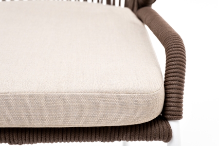 "Милан" стул плетеный из роупа, каркас алюминий белый муар, роуп коричневый круглый, ткань бежевая 052