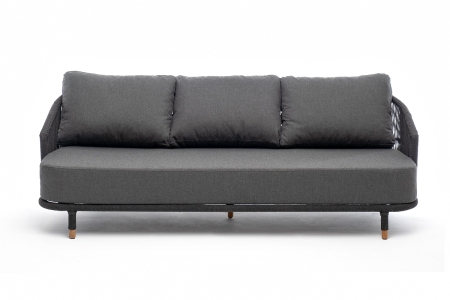 "Верона" диван 3-местный плетеный из роупа, каркас алюминий темно-серый (RAL7024) муар, роуп темно-серый круглый, ткань темно-серая 027