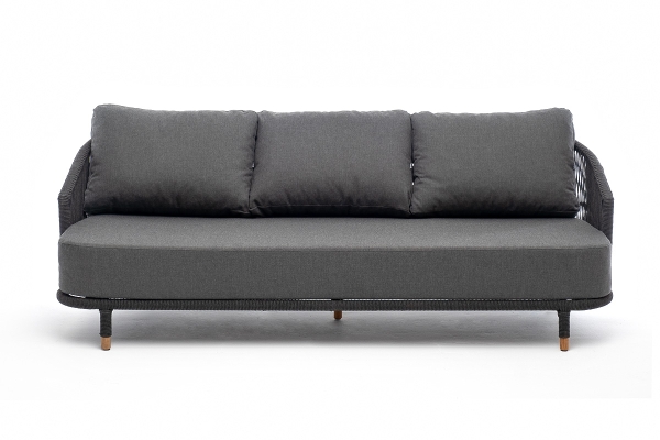 "Верона" диван 3-местный плетеный из роупа, каркас алюминий темно-серый (RAL7024) муар, роуп темно-серый круглый, ткань темно-серая 027