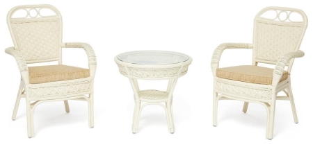 Комплект террасный ANDREA (стол кофейный со стеклом + 2 кресла + подушки)ротанг, 64х67х92см / D60х55, TCH White (белый)