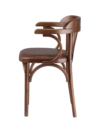 Деревянный стул Венский средний тон с мягким сиденьем из коричневой экокожи с дугами назад