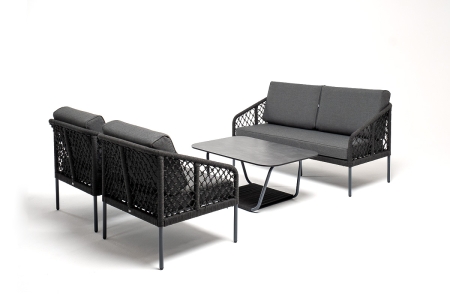 "Канны" диван 2-местный плетеный из роупа (узелки), каркас алюминий темно-серый (RAL7024) муар, роуп темно-серый круглый, ткань темно-серая 027