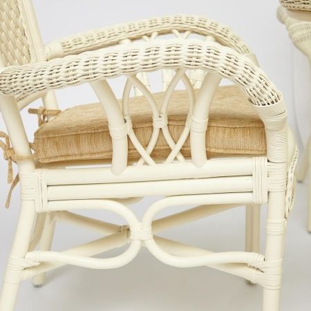 Комплект обеденный "ANDREA GRAND" (стол со стеклом + 6 кресел + подушки) белый, ткань рубчик, кремовый