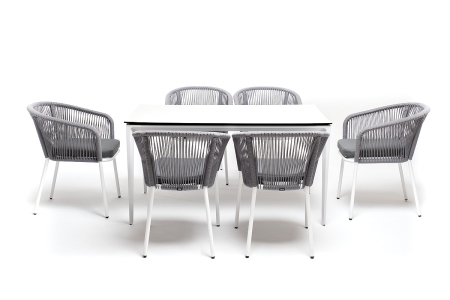 "Малага" обеденная группа на 6 персон со стульями "Марсель", каркас белый, роуп светло-серый
