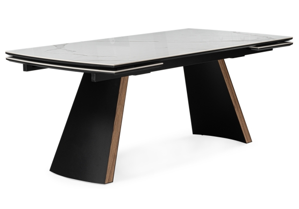 Керамический стол Симмонс 180(260)x90 statuario titan gloss, черный, орех дуб монтана