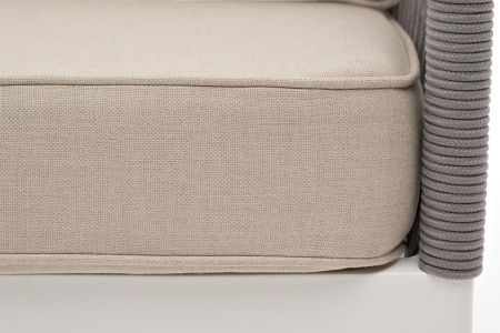 "Канны" диван 3-местный плетеный из роупа, каркас алюминий белый муар, роуп светло-серый круглый, ткань бежевая 15052